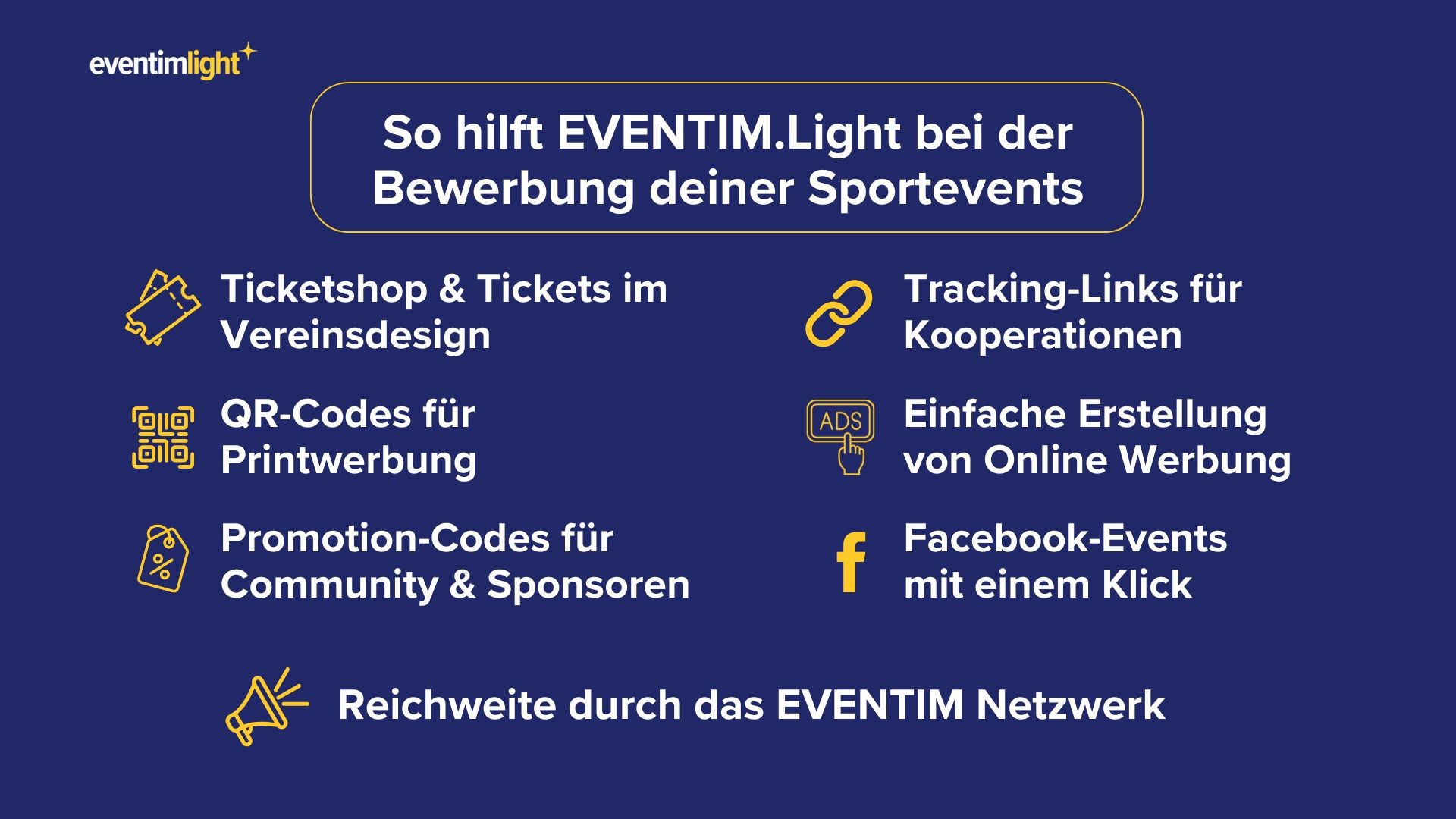 Grafik zur Eventpromotion im Sportverein mit EVENTIM.Light: Ticketshop & Tickets im Vereinsdesign, QR-Codes für Social Media und Print, Promotion-Codes für Community und Sponsoren, Tracking-Links für Kooperationen, einfache Erstellung von Online-Werbung sowie Facebook-Events und zusätzliche Reichweite über das EVENTIM-Netzwerk.